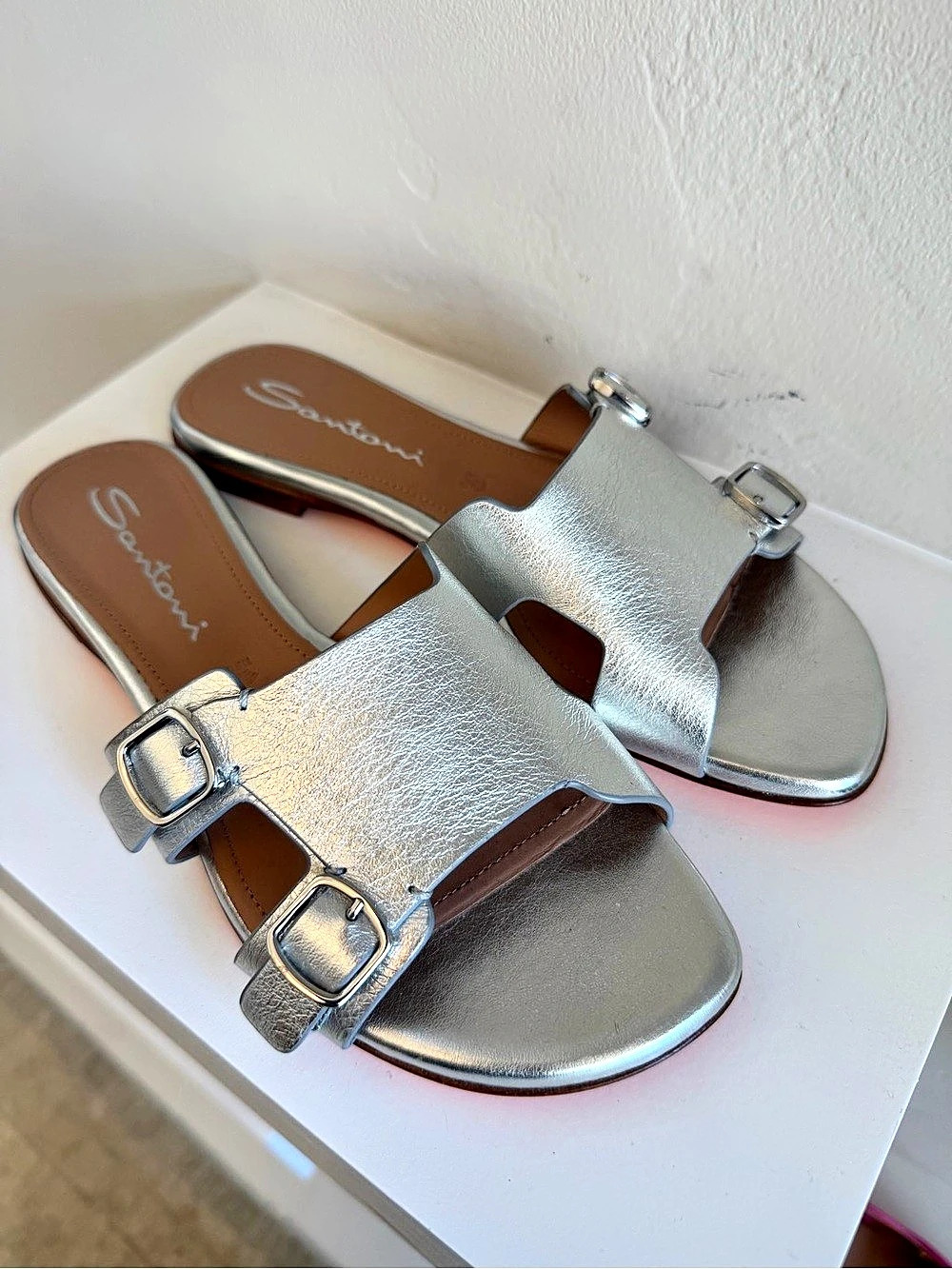 Santoni Didi Sandals in Silver. Size 37.5. NWT